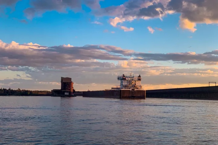 freighter in Duluth during sunset