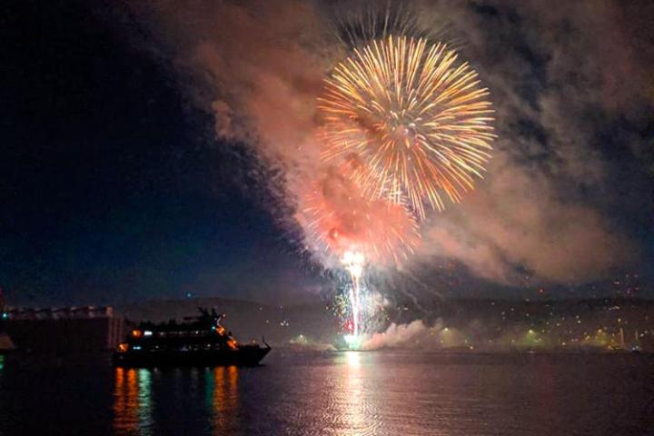 fireworks in the sky over a body of water