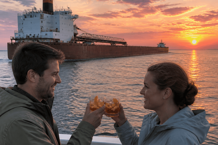 Two people toasting drinks on a ship at sunset with a cargo ship in background.