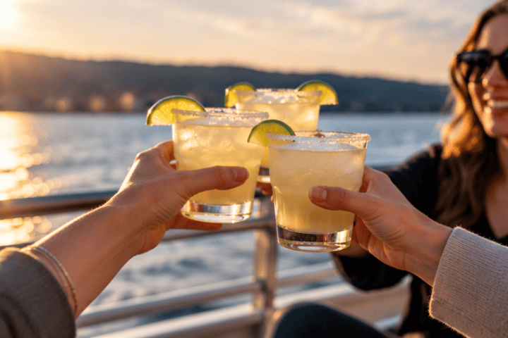 Four people toasting with margaritas on a boat at sunset.