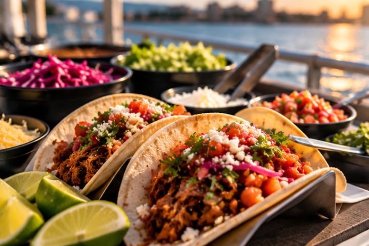 Tacos with meat and toppings on table by water at sunset.