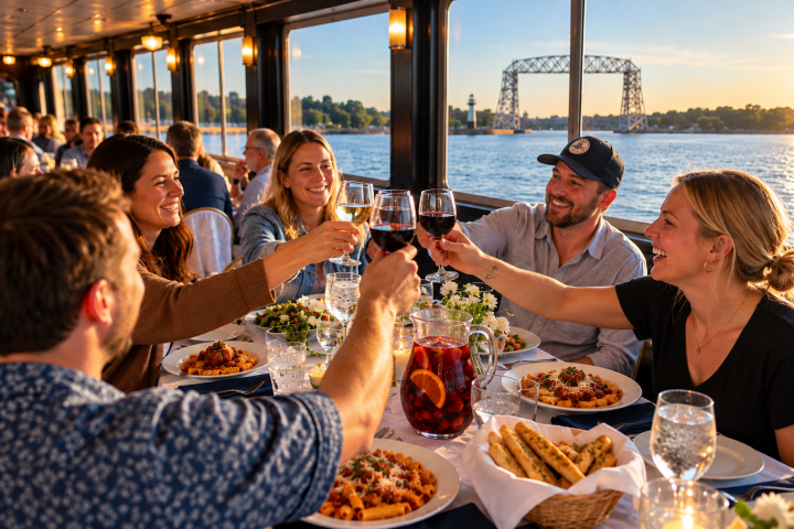 Group of people toasting with wine at a dining table on a boat with water view.