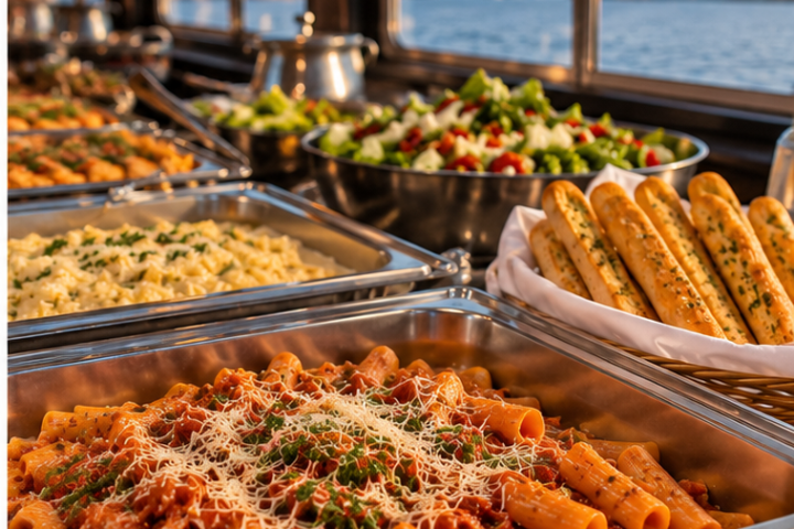 Buffet with pasta, salad, breadsticks on a boat with a view of water.