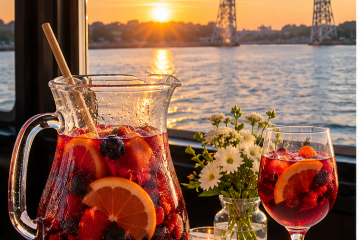 Pitcher of sangria with fruit on a table overlooking a sunset and bridge over water.