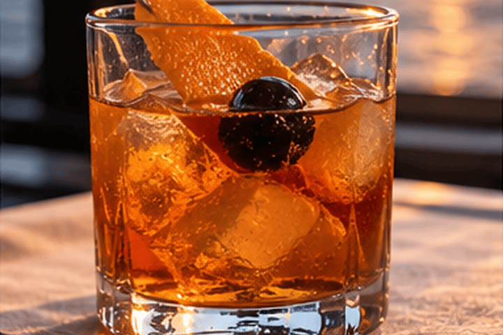 Cocktail with ice, cherry, and orange peel by window at sunset.