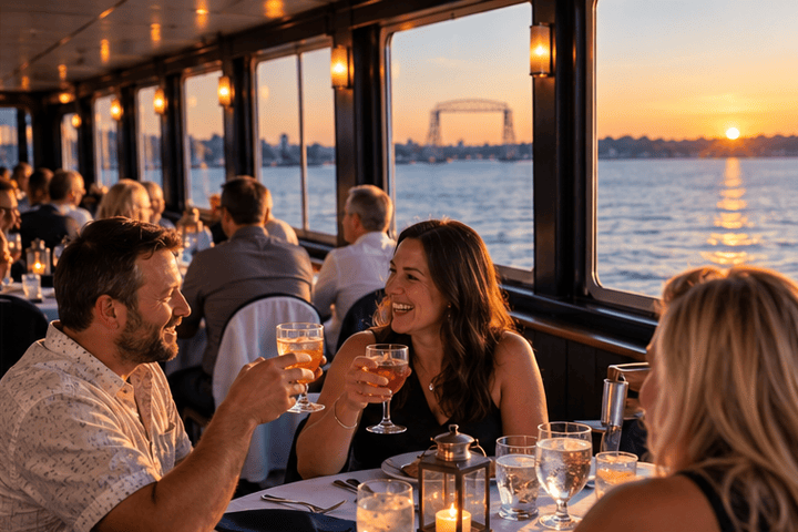 Sunset dining on a boat, people clinking glasses, water and city skyline visible.