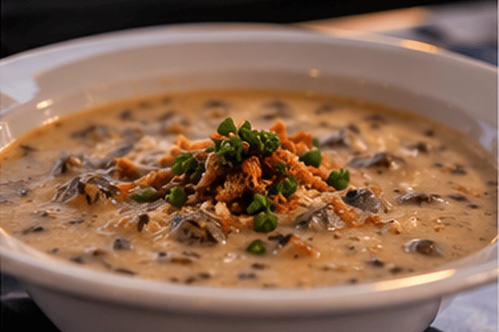 Bowl of creamy soup with garnish and a sunset in the background.